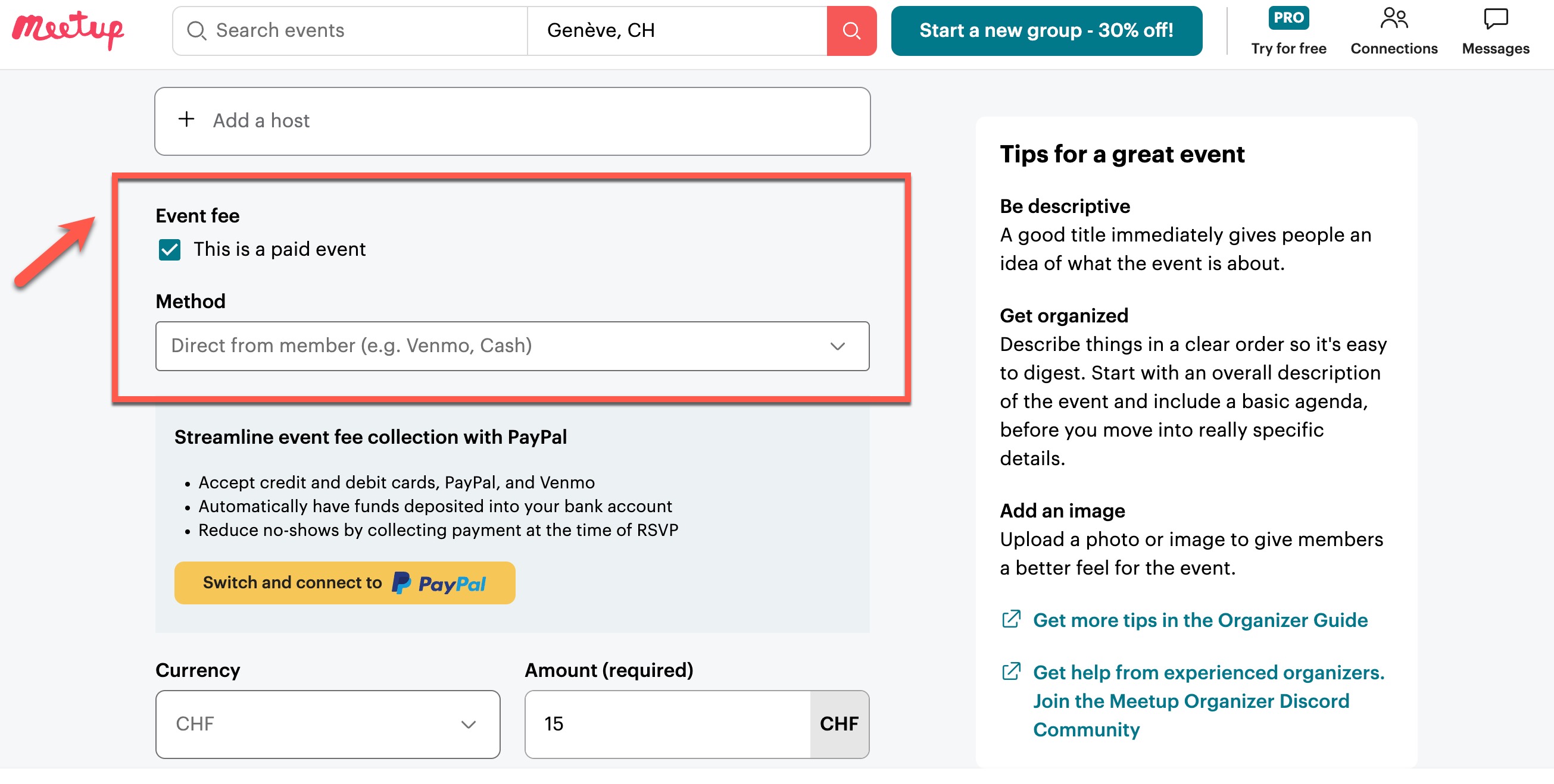 Meetup Event Fee
